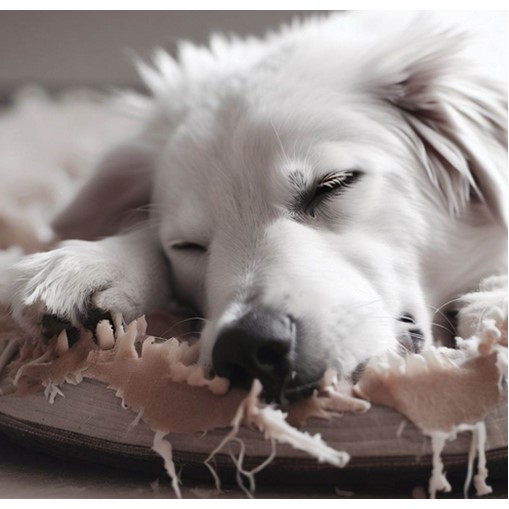 Dog Sleeping On His Chewed Bed
