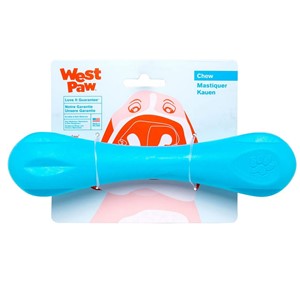Pictured is the West Paw Hurely Dog Bone Chew Toy Blue