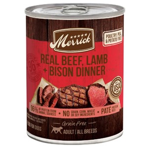 Pictured is the Merrick Beef Lamb Bison Dinner Wet Dog Food