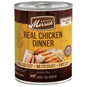 Pictured is the Merrick Real Chicken Dinner Wet Dog Food