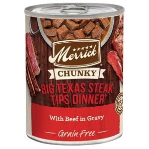 Pictured is the Merrick Texas Steak Dinner Wet Dog Food